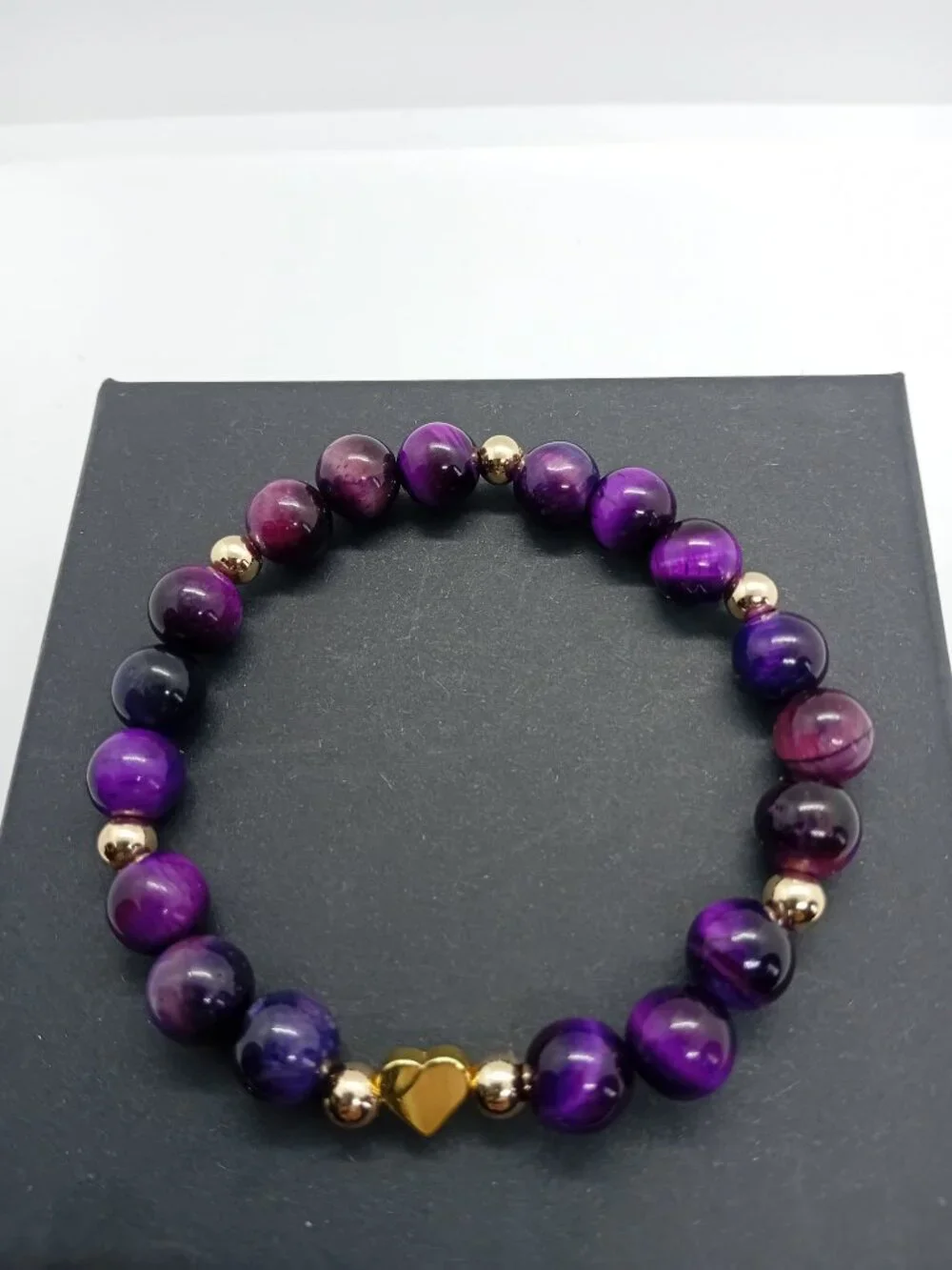 Natural Tigers Eye Stretch Bead Bracelet 14K Gold Beads Heart Charm 6MM Healing